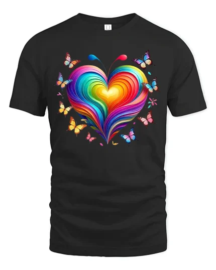 Colorful Heart Butterfly Tee with Vibrant Rainbow Art Style - black t-shirt on white background