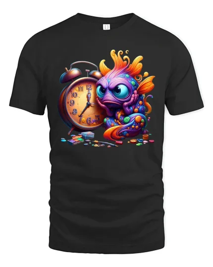 Funny Colorful Fish Tee with Alarm Clock and Artistic Style - black t-shirt on white background