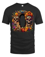 Colorful Sugar Skull Tee with Floral Art and Decorative Style - black t-shirt on white background