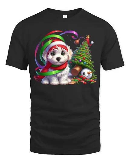 Cute Christmas Puppy Tee with Santa Hat and Festive Holiday Joy - black t-shirt on white background