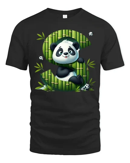 Cute Panda Letter S Tee with Bamboo Art and Playful Cartoon - black t-shirt on white background