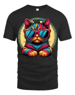 Cool Neon Cat Tee with Sunglasses and Vibrant Retro Style - black t-shirt on white background