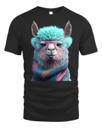 Funny Llama Tee with Glasses and Cozy Colorful Scarf Art - black t-shirt on white background