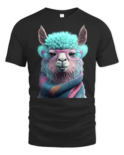 Funny Llama Tee with Glasses and Cozy Colorful Scarf Art - black t-shirt on white background