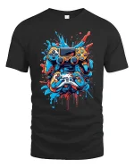 Gamer Splash Tee with Colorful Controller Art and Cool Style - black t-shirt on white background