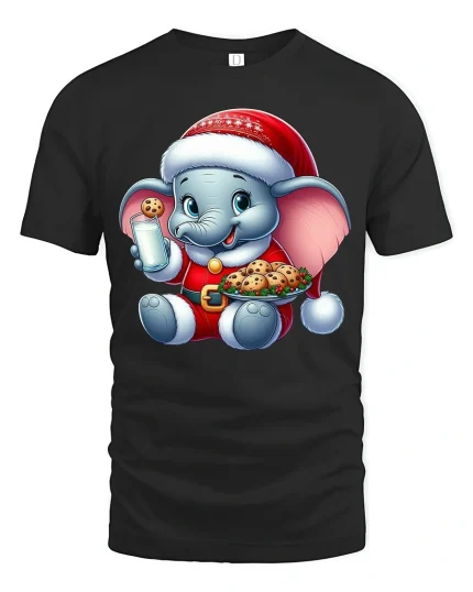 Cute Christmas Elephant Tee with Milk Cookies Holiday Cheer - black t-shirt on white background