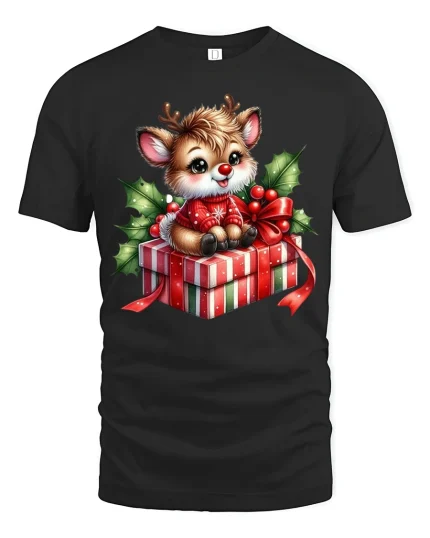 Cute Christmas Reindeer Tee with Gift Box and Festive Cheer - black t-shirt on white background