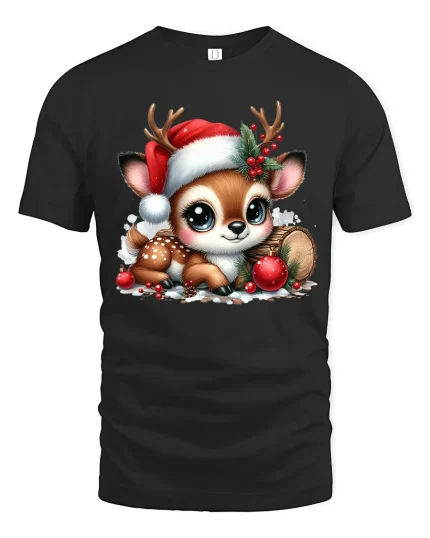 Cute Christmas Fawn Tee with Santa Hat and Festive Holiday Joy - black t-shirt on white background