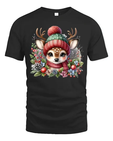 Cute Winter Deer Tee with Cozy Knit Hat and Festive Floral Charm - black t-shirt on white background