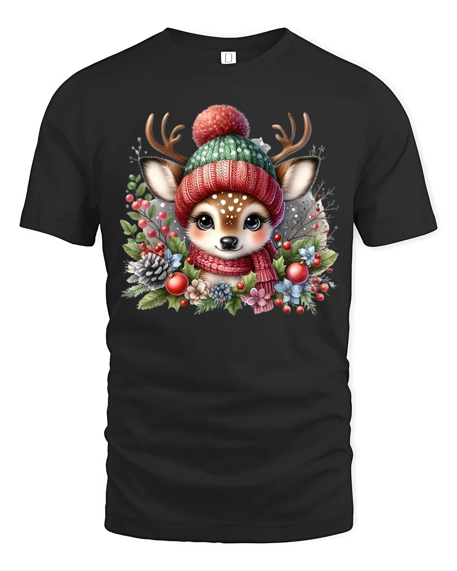 Cute Winter Deer Tee with Cozy Knit Hat and Festive Floral Charm - 1 Cute Winter Deer Tee with Cozy Knit Hat and Festive Floral Charm - black t-shirt on white background