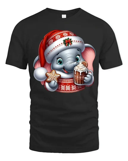 Cute Christmas Elephant Tee with Gingerbread and Hot Cocoa Joy - black t-shirt on white background