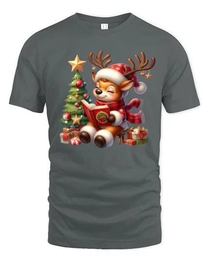 Cute Christmas Reindeer Tee with Storybook and Festive Tree Joy - gray t-shirt on white background