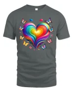 Colorful Heart Butterfly Tee with Vibrant Rainbow Art Style - gray t-shirt on white background
