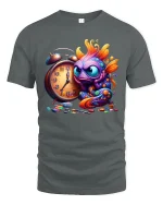 Funny Colorful Fish Tee with Alarm Clock and Artistic Style - gray t-shirt on white background