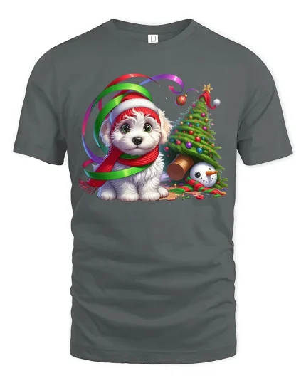 Cute Christmas Puppy Tee with Santa Hat and Festive Holiday Joy - gray t-shirt on white background
