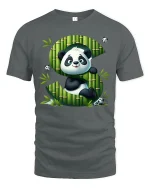 Cute Panda Letter S Tee with Bamboo Art and Playful Cartoon - gray t-shirt on white background