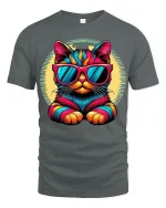 Cool Neon Cat Tee with Sunglasses and Vibrant Retro Style - gray t-shirt on white background