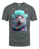 Funny Llama Tee with Glasses and Cozy Colorful Scarf Art - gray t-shirt on white background