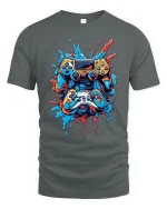Gamer Splash Tee with Colorful Controller Art and Cool Style - gray t-shirt on white background