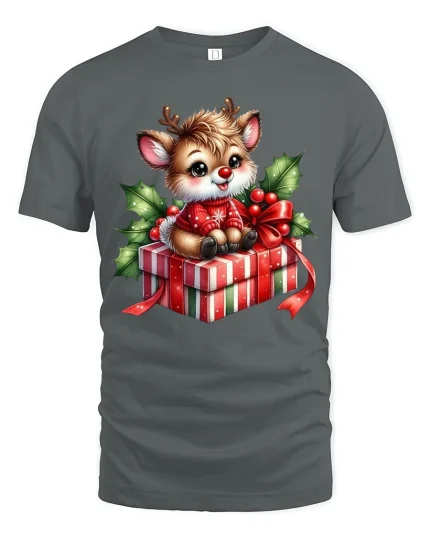 Cute Christmas Reindeer Tee with Gift Box and Festive Cheer - gray t-shirt on white background