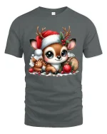 Cute Christmas Fawn Tee with Santa Hat and Festive Holiday Joy - gray t-shirt on white background