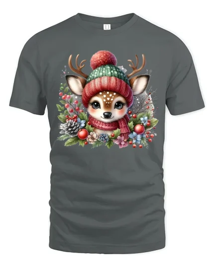 Cute Winter Deer Tee with Cozy Knit Hat and Festive Floral Charm - gray t-shirt on white background