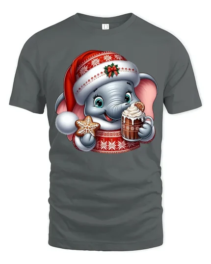 Cute Christmas Elephant Tee with Gingerbread and Hot Cocoa Joy - gray t-shirt on white background