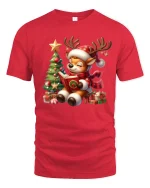 Cute Christmas Reindeer Tee with Storybook and Festive Tree Joy - red t-shirt on white background