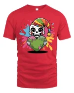 Colorful Skeleton Heart Tee with Fun Drip Art and Playful Style - red t-shirt on white background