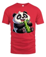 Cute Panda Bamboo Tee with Adorable Smiling Cartoon Style - red t-shirt on white background
