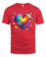 Colorful Heart Butterfly Tee with Vibrant Rainbow Art Style - red t-shirt on white background