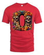 Colorful Sugar Skull Tee with Floral Art and Decorative Style - red t-shirt on white background
