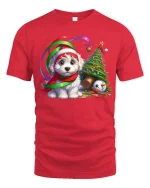 Cute Christmas Puppy Tee with Santa Hat and Festive Holiday Joy - red t-shirt on white background