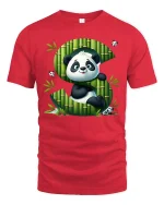 Cute Panda Letter S Tee with Bamboo Art and Playful Cartoon - red t-shirt on white background