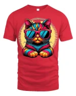 Cool Neon Cat Tee with Sunglasses and Vibrant Retro Style - red t-shirt on white background