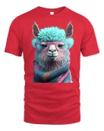 Funny Llama Tee with Glasses and Cozy Colorful Scarf Art - red t-shirt on white background
