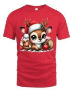 Cute Christmas Fawn Tee with Santa Hat and Festive Holiday Joy - red t-shirt on white background