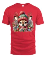 Cute Winter Deer Tee with Cozy Knit Hat and Festive Floral Charm - red t-shirt on white background