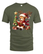 Cute Christmas Reindeer Tee with Storybook and Festive Tree Joy - military green t-shirt on white background