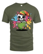 Colorful Skeleton Heart Tee with Fun Drip Art and Playful Style - military green t-shirt on white background