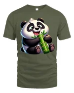 Cute Panda Bamboo Tee with Adorable Smiling Cartoon Style - military green t-shirt on white background