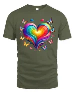 Colorful Heart Butterfly Tee with Vibrant Rainbow Art Style - military green t-shirt on white background
