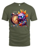 Funny Colorful Fish Tee with Alarm Clock and Artistic Style - military green t-shirt on white background