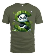 Cute Panda Letter S Tee with Bamboo Art and Playful Cartoon - military green t-shirt on white background