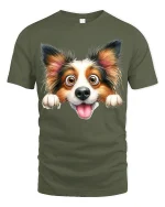 Cute Happy Dog Tee with Playful Cartoon Face and Fun Style - military green t-shirt on white background