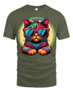 Cool Neon Cat Tee with Sunglasses and Vibrant Retro Style - military green t-shirt on white background