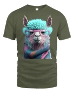 Funny Llama Tee with Glasses and Cozy Colorful Scarf Art - military green t-shirt on white background