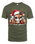 Cute Christmas Fawn Tee with Santa Hat and Festive Holiday Joy - military green t-shirt on white background