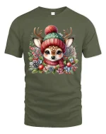 Cute Winter Deer Tee with Cozy Knit Hat and Festive Floral Charm - military green t-shirt on white background