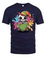 Colorful Skeleton Heart Tee with Fun Drip Art and Playful Style - navy t-shirt on white background